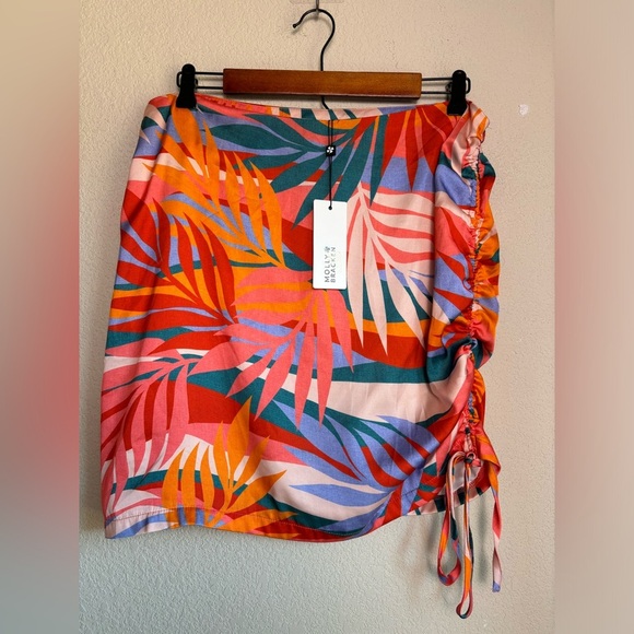 NWT Molly Bracken Roma Pink Sunset Retro Tropical Palm Tree Ruched Tie Skirt L - Picture 2 of 12